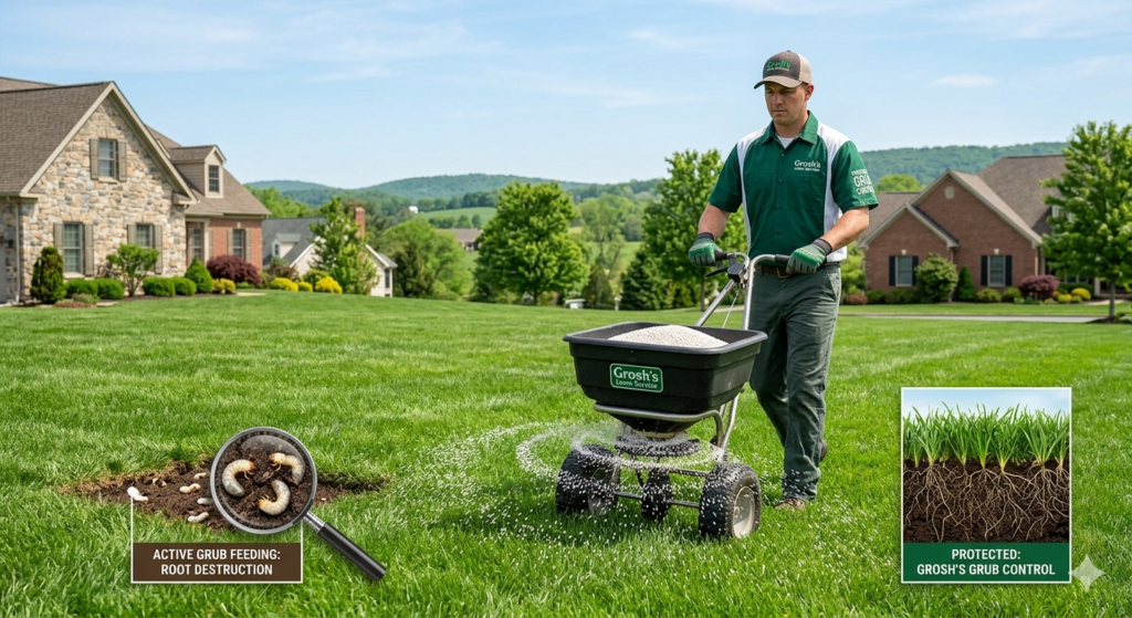 4. Mid-Summer: Vital Grub Control 🐛
This is a defining moment for many Boonsboro lawns. Grub prevention is essential. If left untreated, grub larvae will devour your lawn’s root system in August and September, leading to dead, brown patches that are costly to repair.

Preventative Grub Treatment: We apply a professional-grade treatment that stops the lifecycle of June beetles and Japanese beetles before they can damage your turf.