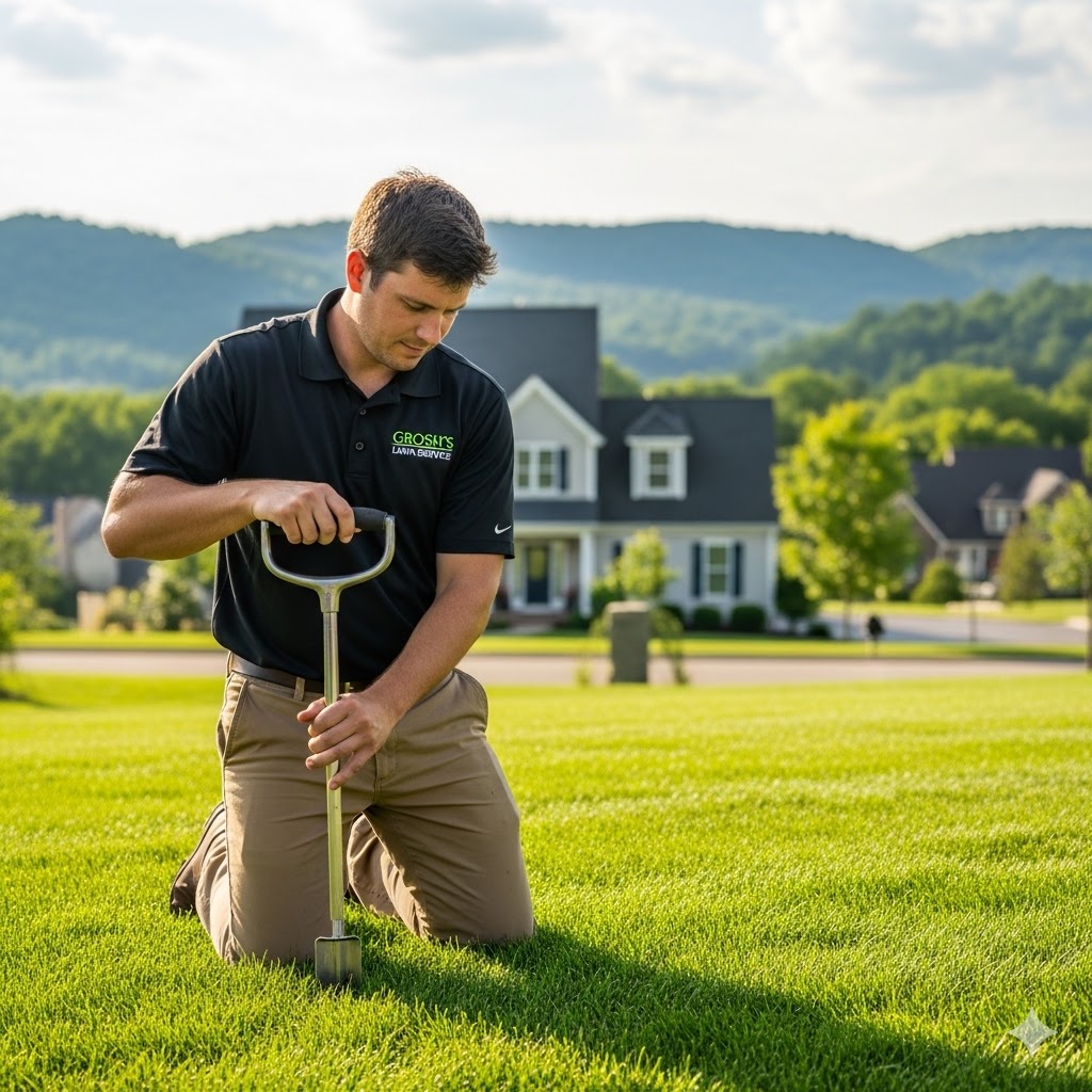 Grosh's Lawn Service soil testing infographic explaining the benefits of lawn soil testing, including nutrient needs, fertilizer savings, and healthier grass.