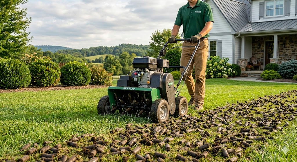5. Early Fall: The Best Time for Core Aeration and Overseeding 🍂
Many experts consider this the single most beneficial service you can provide for a Fescue lawn in the Eastern Panhandle. It is the core of successful recovery from summer stress.

Core Aeration: We remove plugs of soil, relieving compaction common in our clay soils. This allows water, air, and crucial nutrients to finally reach the root zone. 💧

Overseeding: Aeration creates the perfect seedbed. We use high-quality, professional Tall Fescue seed blends specifically chosen for the Falling Waters climate, filling in thin spots and introducing newer, more drought-resistant grass varieties.