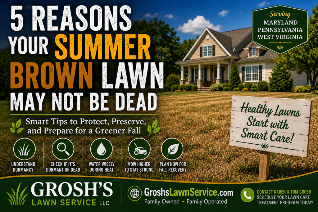 A summer brown lawn during extreme heat and drought with tips for protecting cool-season grass, featuring Grosh's Lawn Service and www.groshslawnservice.com serving Maryland, Pennsylvania, and West Virginia.