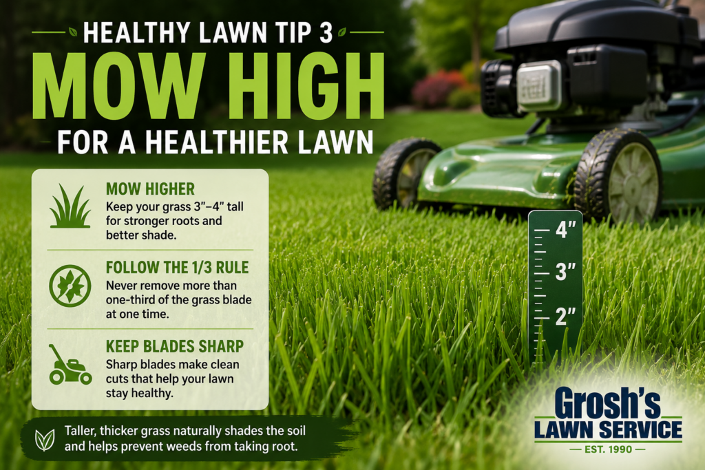 Healthy Lawn Tips from Grosh's Lawn Service illustrating how mowing grass at 3 to 4 inches, following the one-third mowing rule, and using sharp mower blades encourages thicker turf and supports natural Lawn Weed Control.