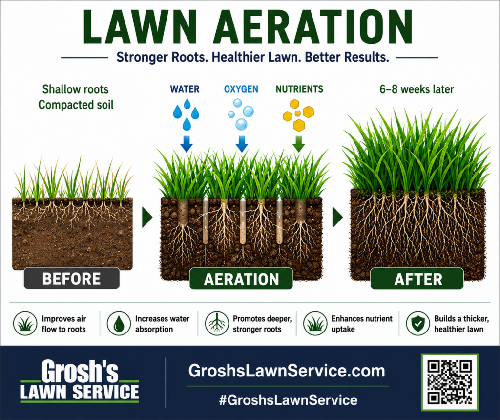 Professional Lawn Aeration by Grosh's Lawn Service illustrating how core aeration improves water, oxygen, and nutrient movement into the soil for healthier lawns throughout Maryland, Pennsylvania, and West Virginia.
