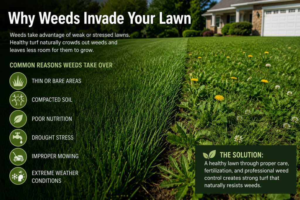 Weed Control by Grosh's Lawn Service identifying common broadleaf weeds, grassy weeds, and yellow nutsedge found in residential lawns.