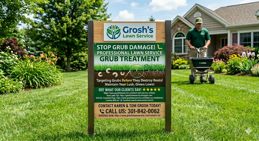 How to identify lawn grubs and determine when professional help is needed, with Grosh's Lawn Service applying a professional lawn treatment to protect grass roots and healthy turf.