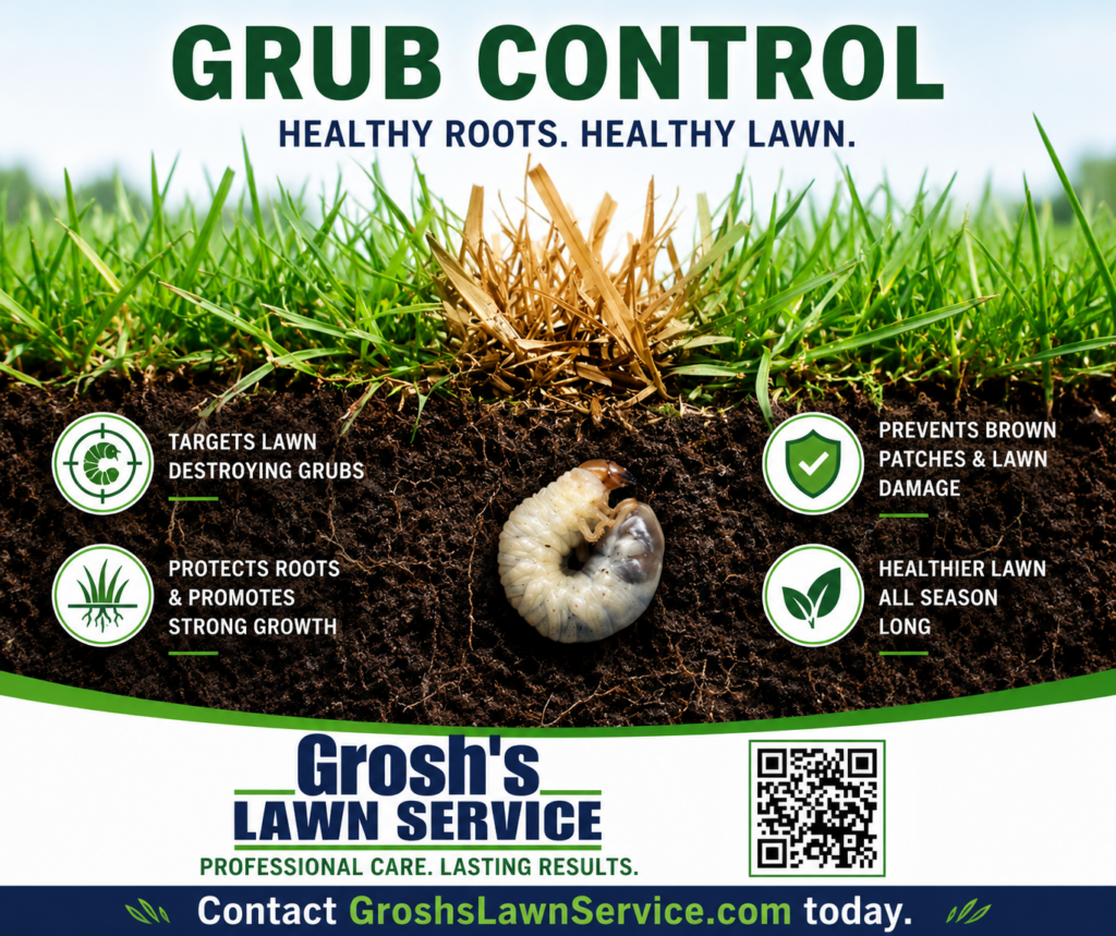 Professional lawn grub treatment graphic showing a white grub beneath damaged grass roots, with Grosh's Lawn Service branding and a QR code for contacting the company.