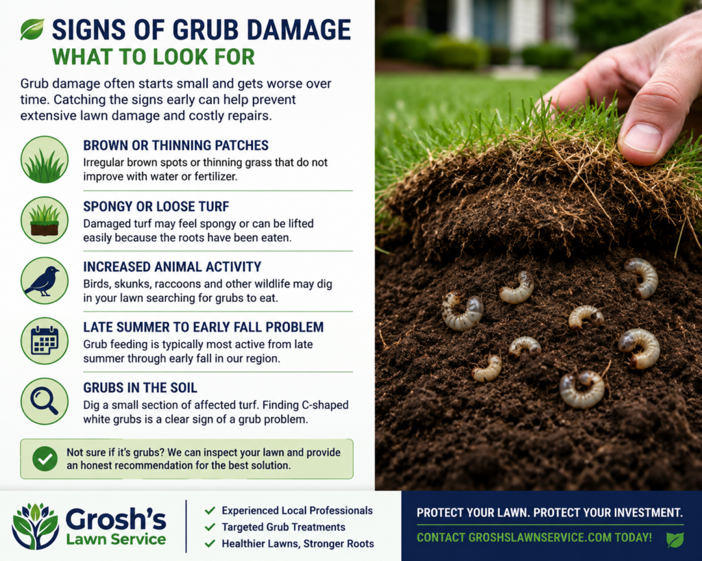 Signs of grub damage infographic showing brown and thinning grass, loose turf, increased animal activity, and white grubs beneath lifted lawn soil, with Grosh's Lawn Service information.